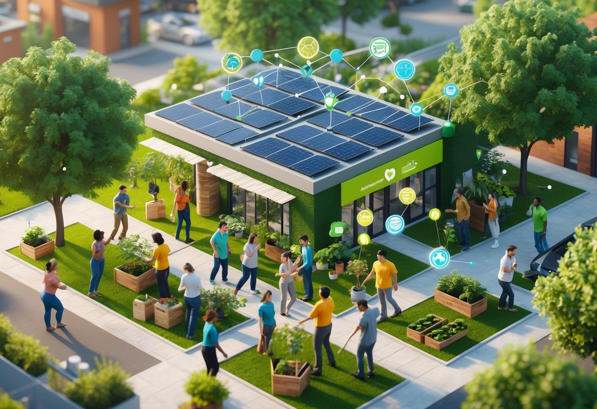 A community gathered around an eco-friendly franchise building, planting trees and working together in a green urban area to promote sustainability and local impact.