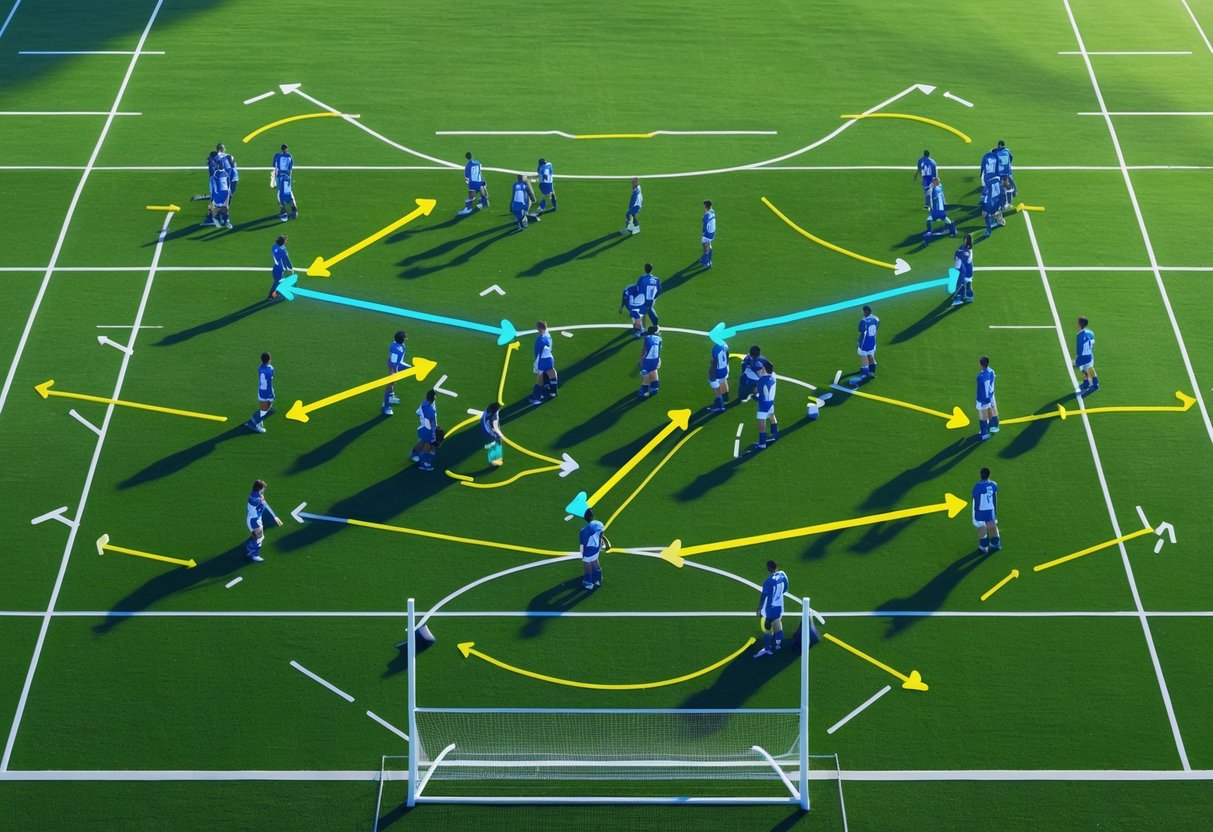 Overhead view of a sports field showing groups of players arranged in formations with arrows indicating their movement and positioning during a set piece.