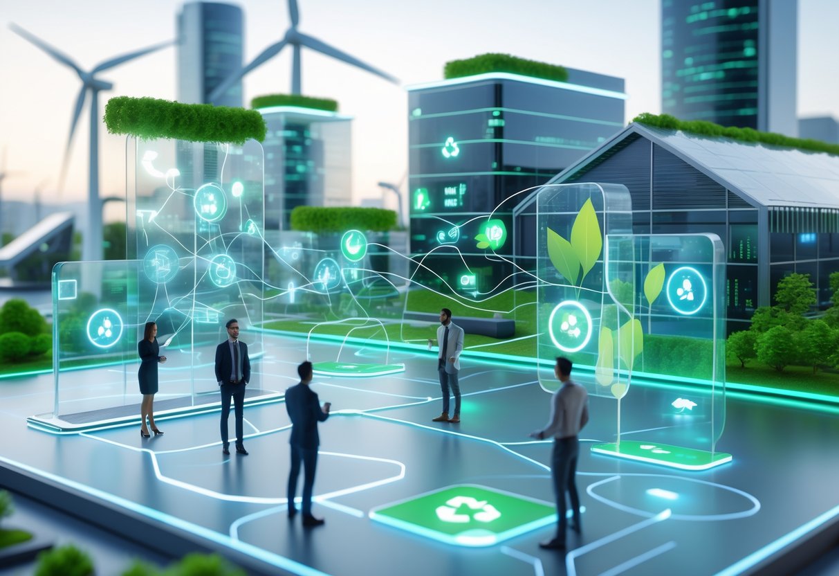 A 3D scene showing a modern building complex with green rooftops and solar panels connected by glowing digital lines to other locations, with people using holographic interfaces and wind turbines in the background.