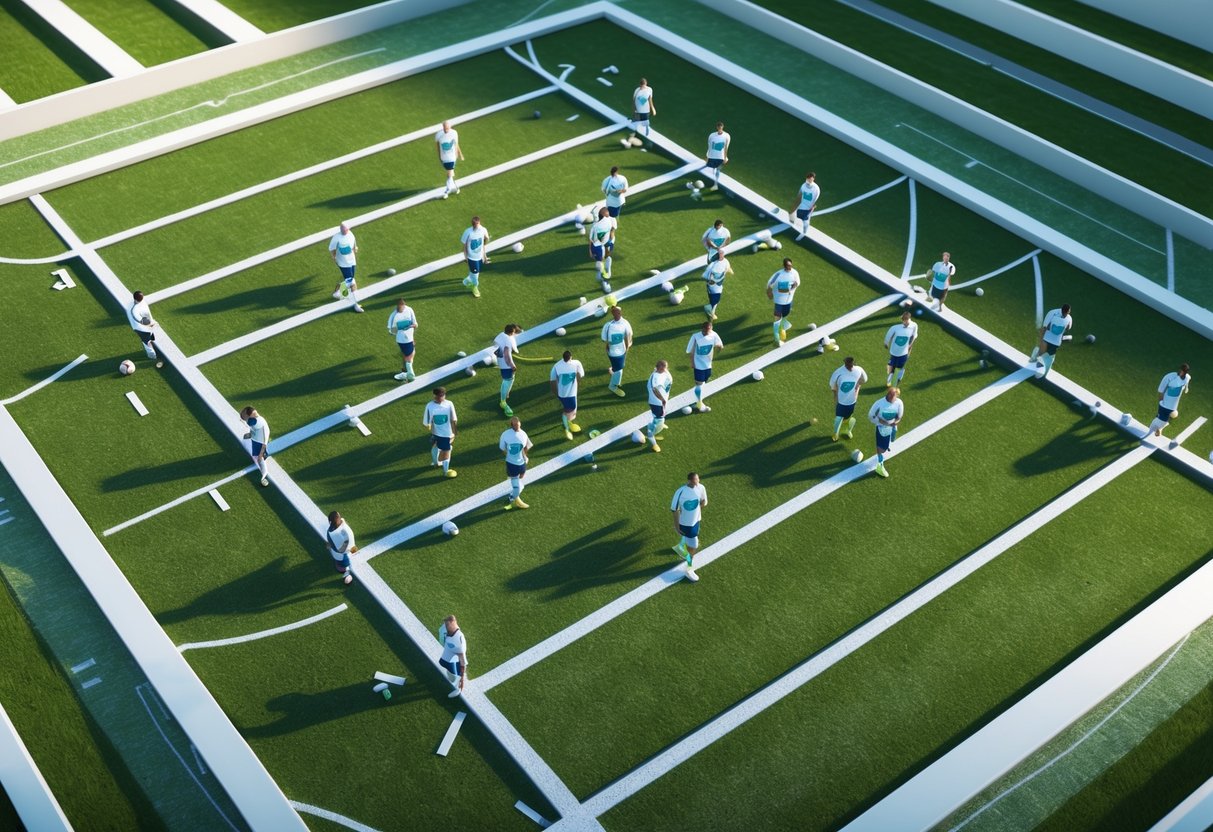 Top-down view of a sports field showing players arranged in a tactical formation with even spacing and alignment.