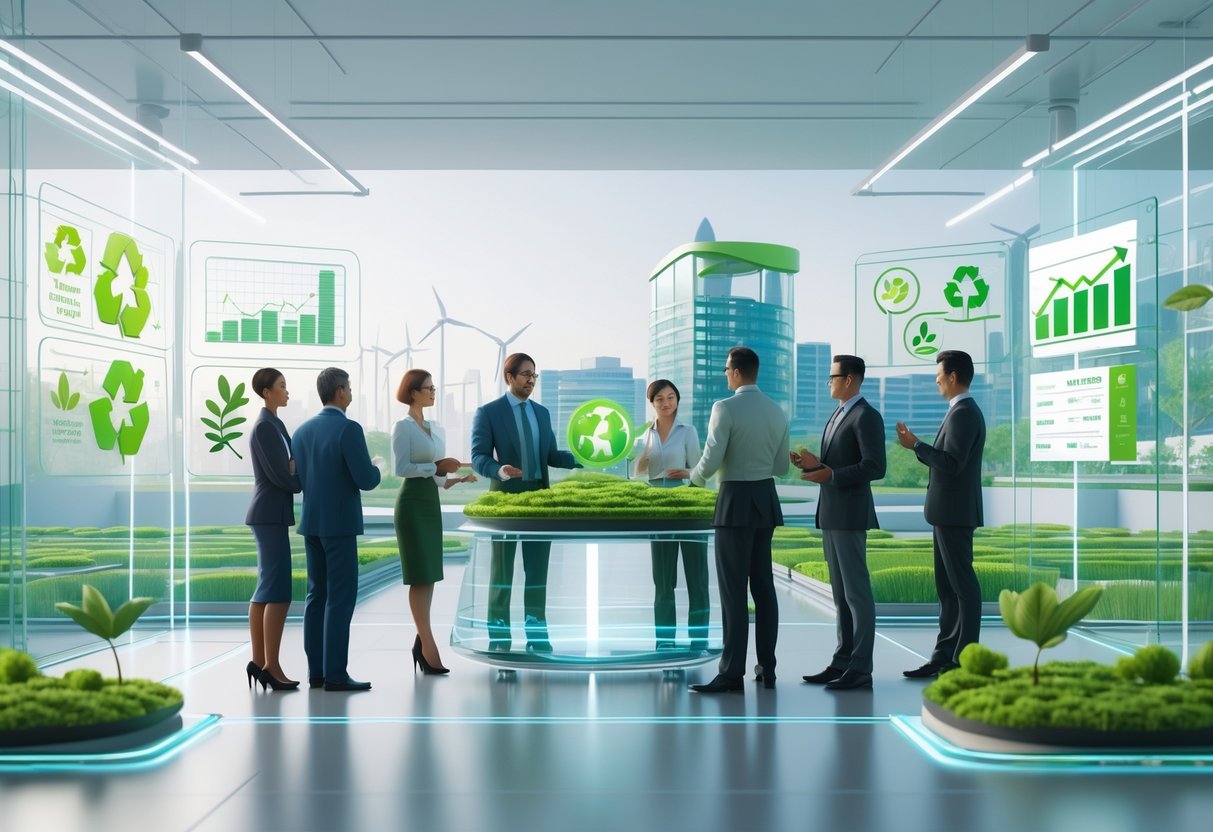 A group of professionals discussing sustainable franchise models around a glass table with holographic displays, set in a modern office overlooking an eco-friendly cityscape with green buildings and renewable energy sources.