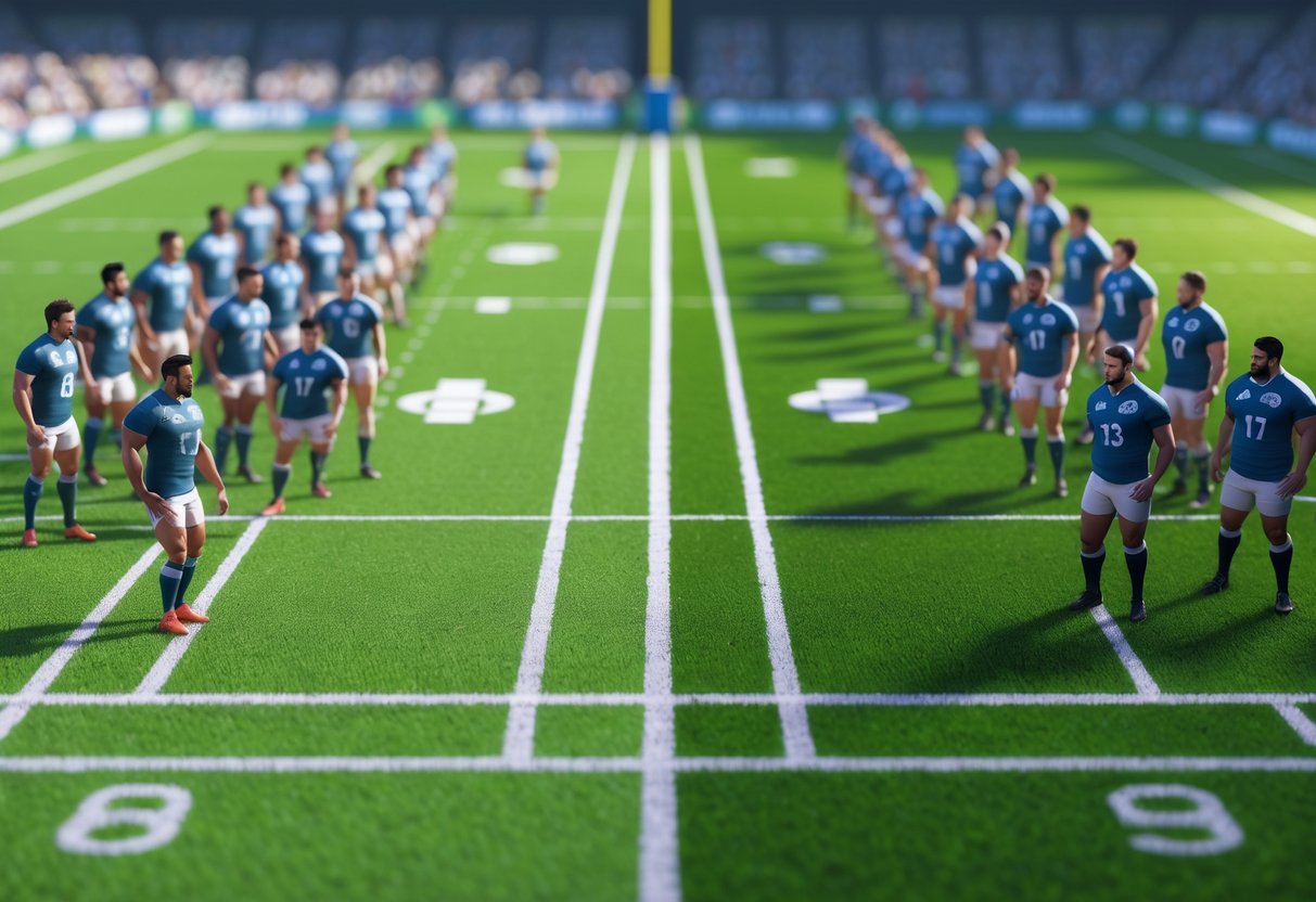 A rugby field showing two player formations side by side: one with players closely grouped on the narrow side and the other with players spread wide across the field.