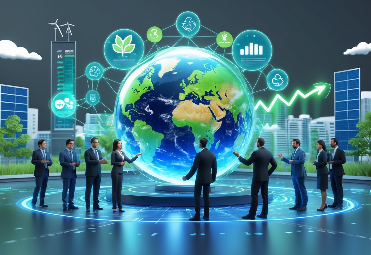 A 3D scene showing business leaders around a glowing globe with eco-friendly symbols and a city with green rooftops, solar panels, and wind turbines in the background.