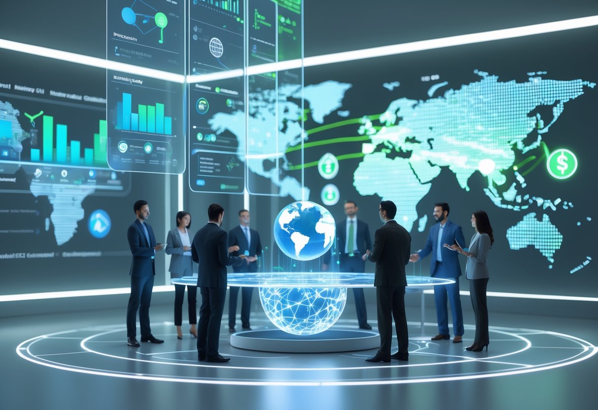A modern office scene with business people discussing around a table showing holographic projections of a globe and franchise networks, with digital screens and a global map in the background.