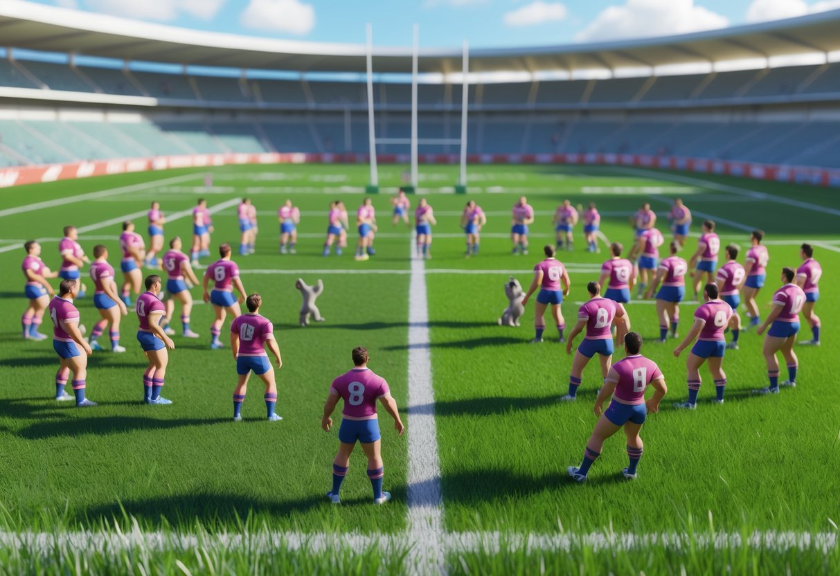 Rugby union players arranged in various common formations on a rugby field with stadium seating in the background.