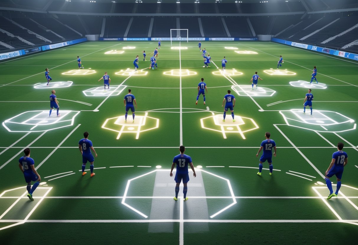 A 3D scene showing a sports team arranged on a field with players positioned in zones representing their areas of influence during a tactical formation.