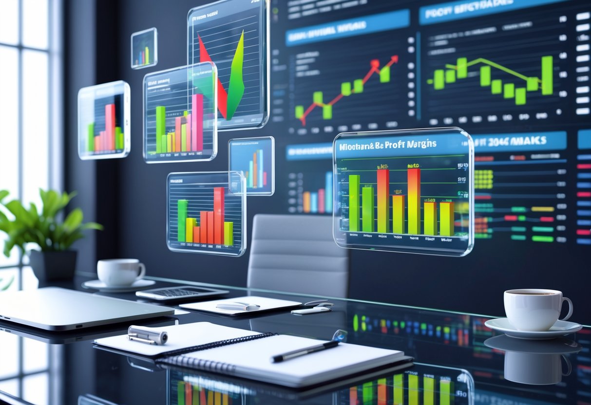 A modern office desk with digital screens showing colourful financial charts and graphs about merchandise profit margins and benchmarks.