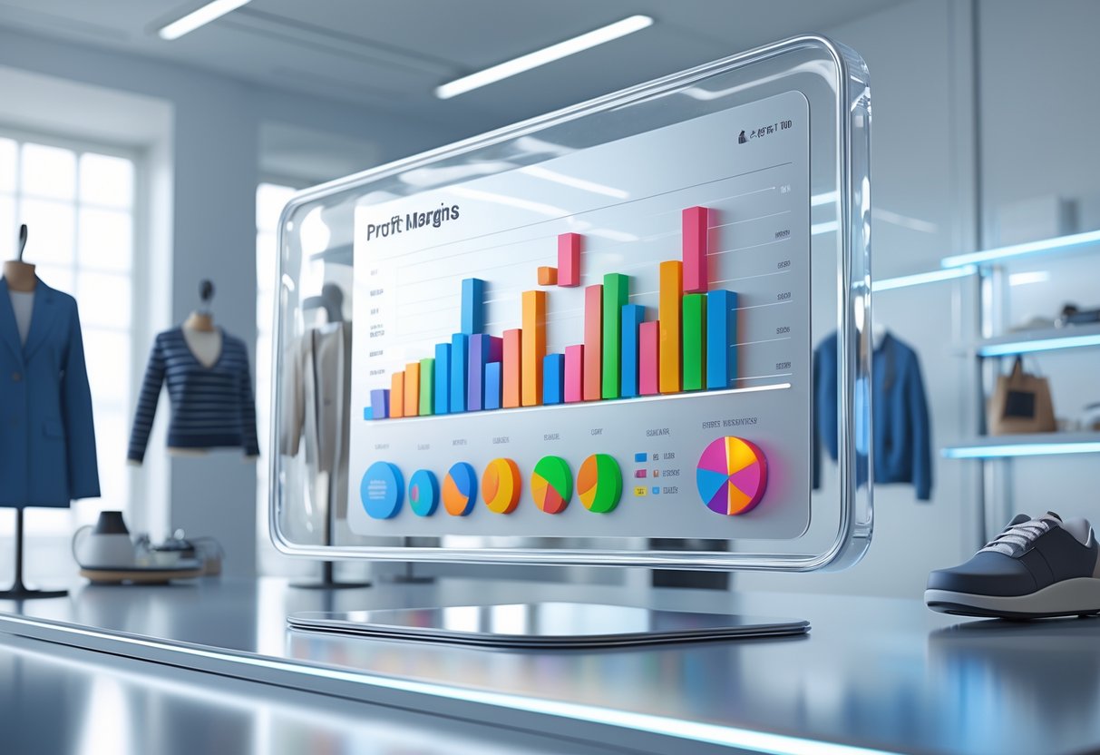 A 3D scene showing a digital screen with colourful graphs about ecommerce profit margins surrounded by various merchandise items in a modern office setting.