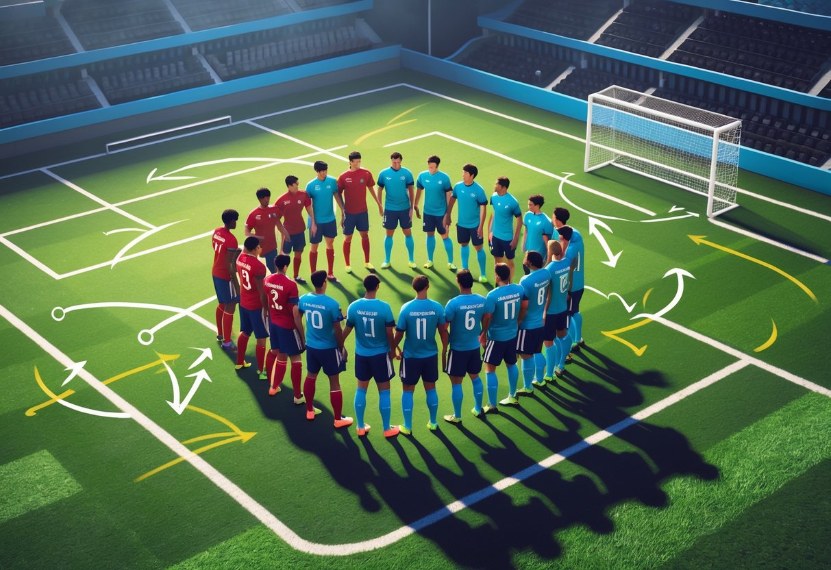 A football pitch showing two groups of players, one tightly grouped working together near the goal and the other spread out, illustrating teamwork and scoring chances.