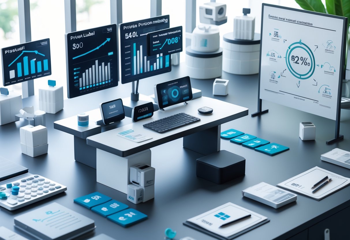 A modern office workspace with digital screens showing product development and profit margin charts, surrounded by 3D models of consumer products and business tools.