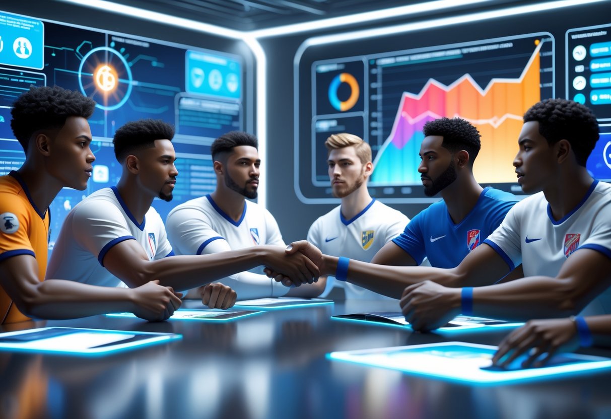 A group of diverse athletes from different sports gathered in a high-tech room, discussing and shaking hands to show unity and teamwork.