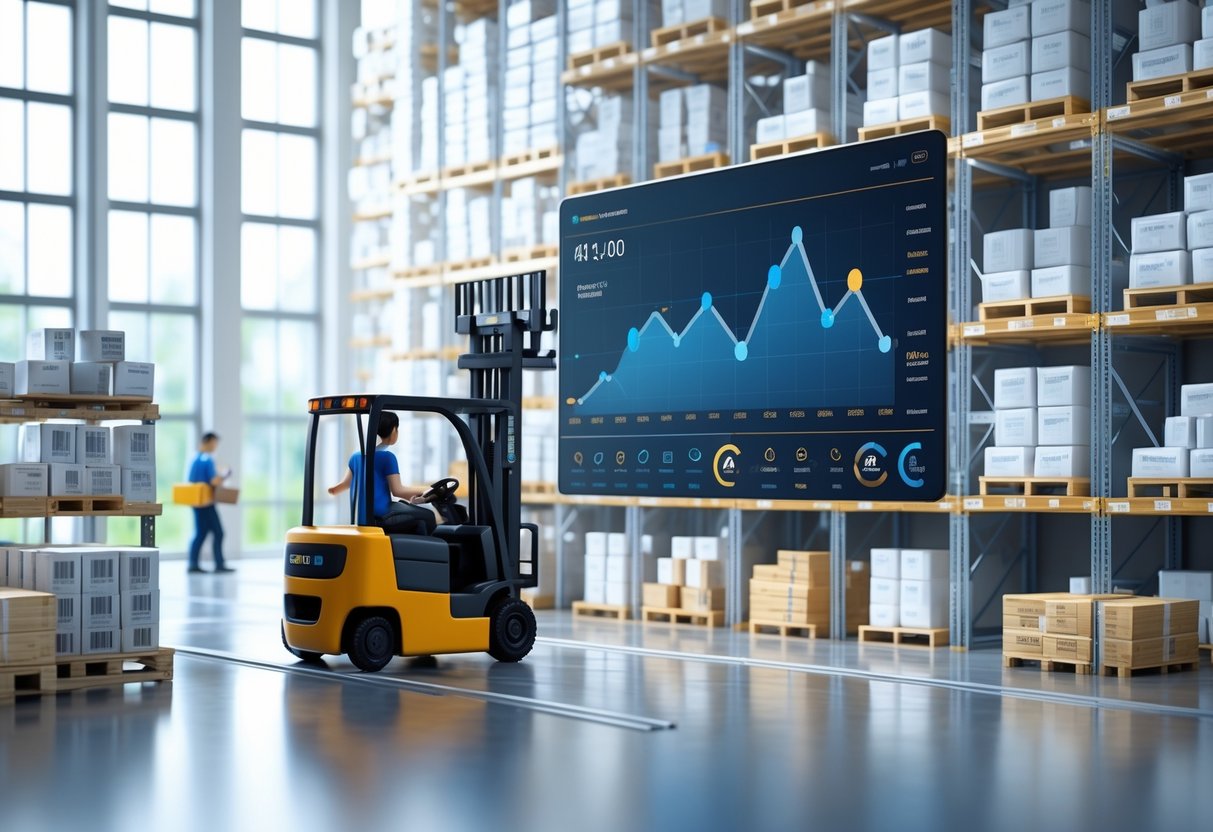 A 3D rendered warehouse with organised shelves, workers scanning items, a forklift moving pallets, and a digital dashboard displaying graphs and charts.