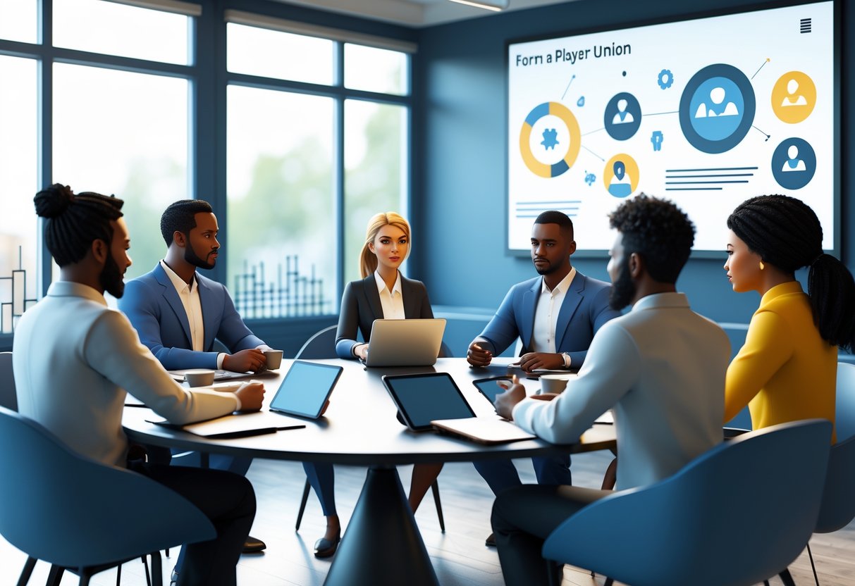 A group of people sitting around a table in a meeting room, discussing and collaborating with digital devices and documents.