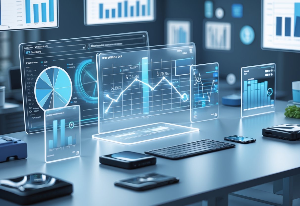 A modern office workspace with holographic charts and graphs displaying profit margin data above a desk with merchandise items nearby.