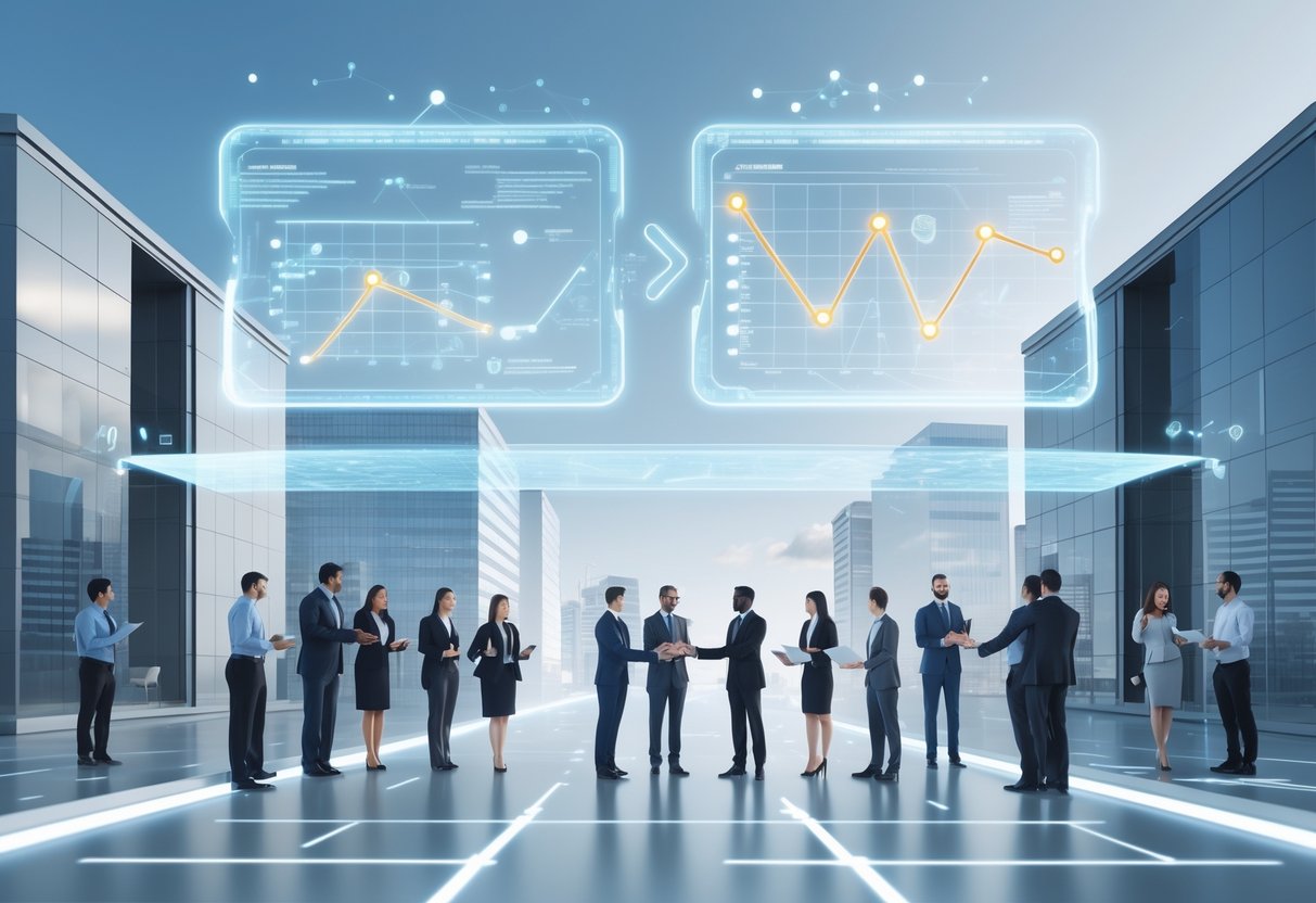 Two modern office buildings connected by a glowing digital bridge with holographic charts showing revenue flow between them, surrounded by businesspeople interacting.