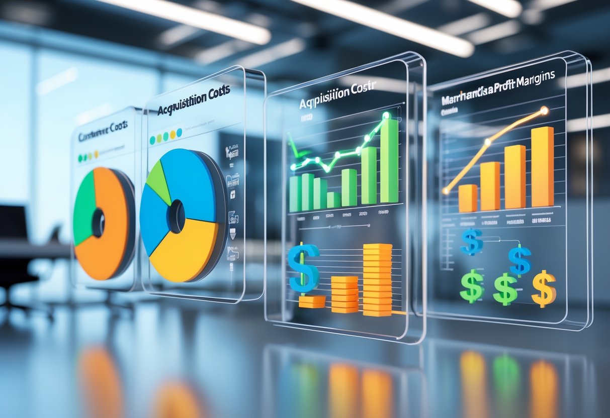 A 3D scene showing floating holographic panels with colourful segmented charts and graphs representing customer acquisition costs and merchandise profit margins in a futuristic office setting.