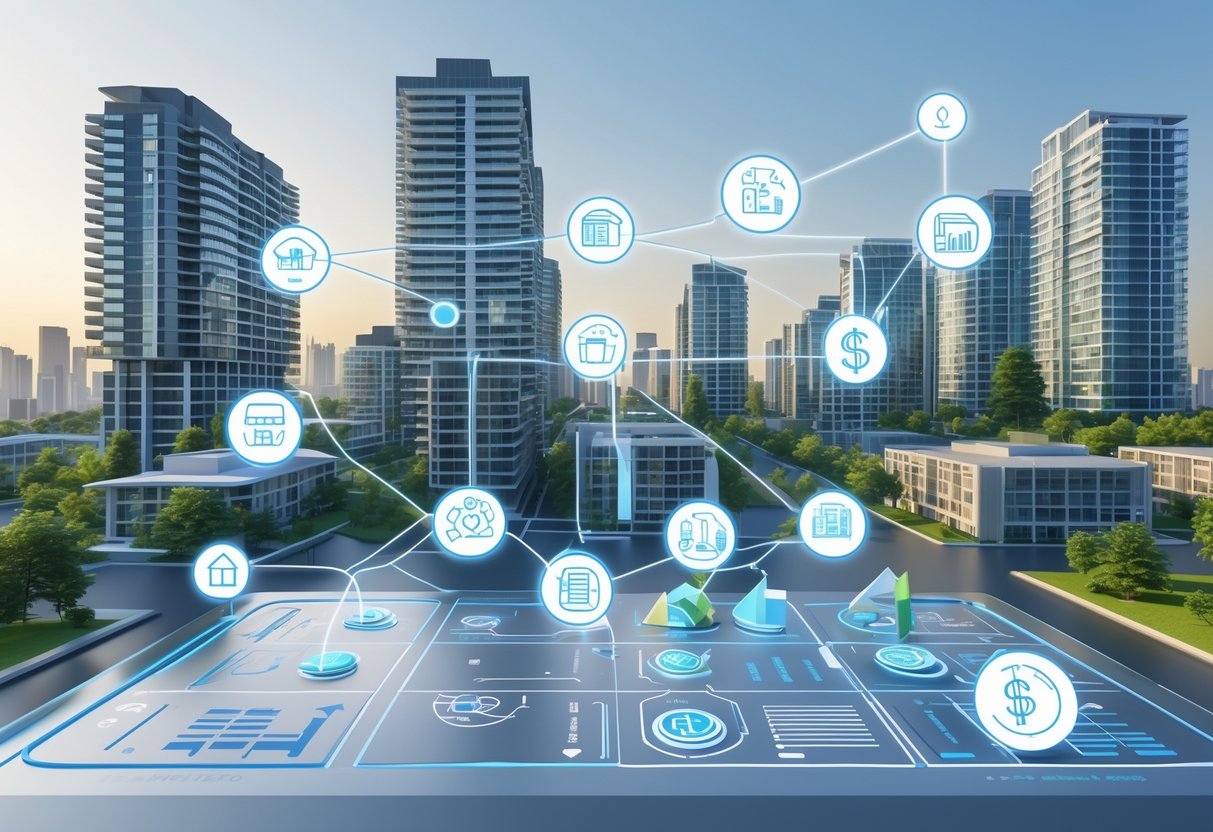 A cityscape with multiple buildings and digital icons showing the sharing of revenue between property owners, managers, tenants, and investors.