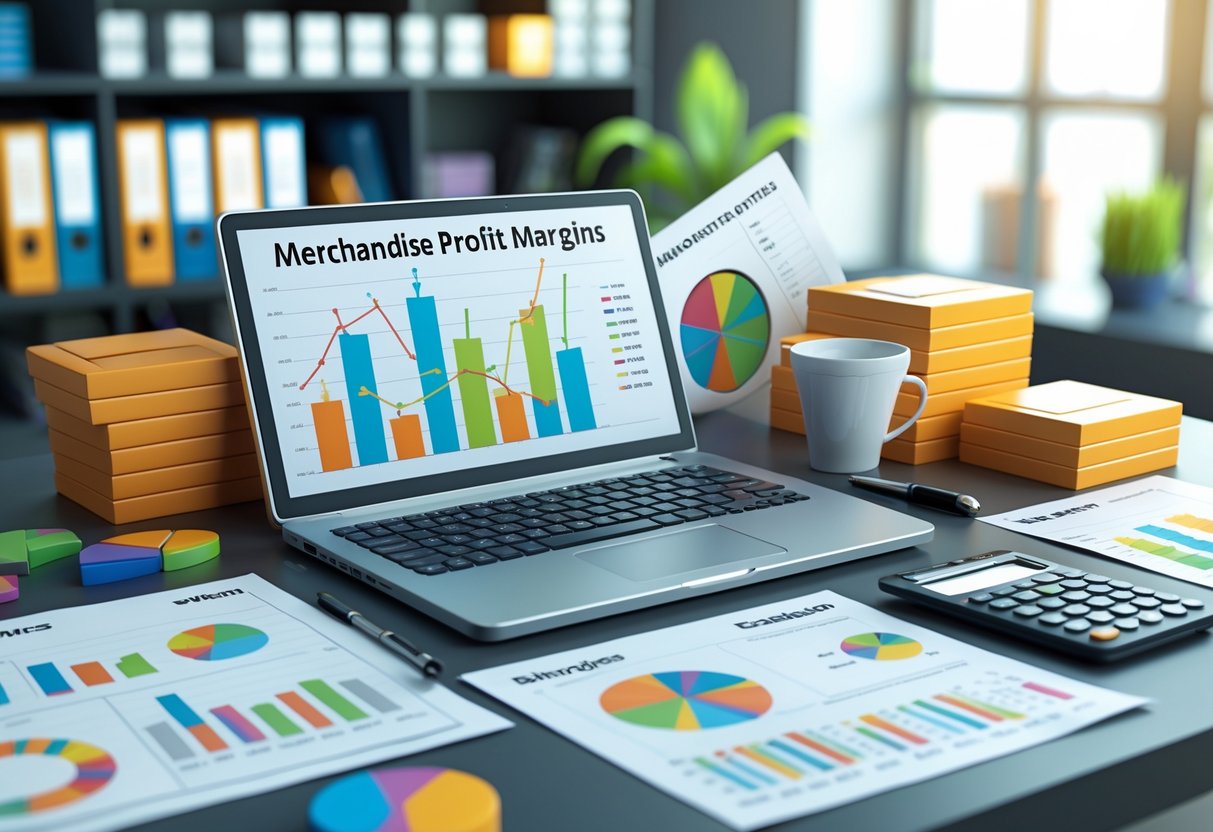 A 3D scene of a desk with a laptop showing graphs, printed charts, product boxes, a calculator, and office supplies, set in an office environment.