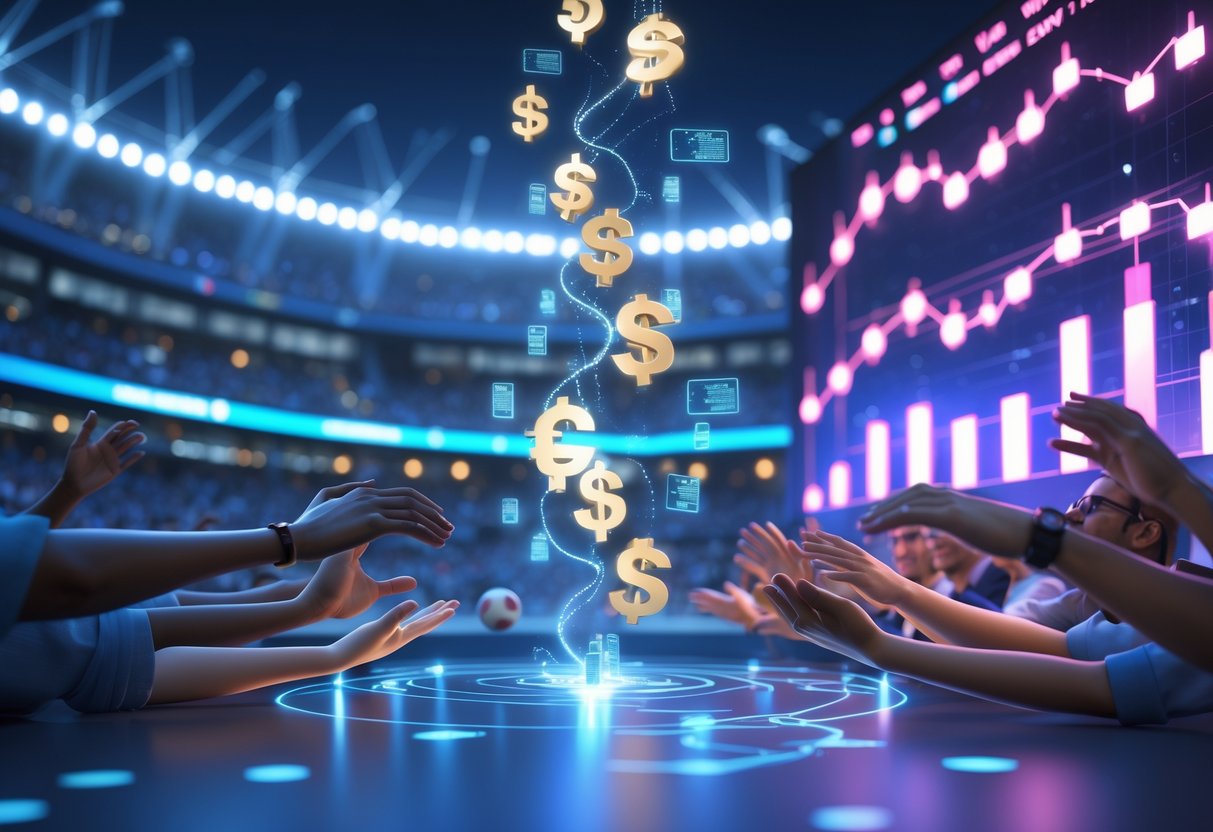 A stadium with a sports crowd and a concert stage with performers connected by glowing currency symbols and charts, representing revenue sharing.
