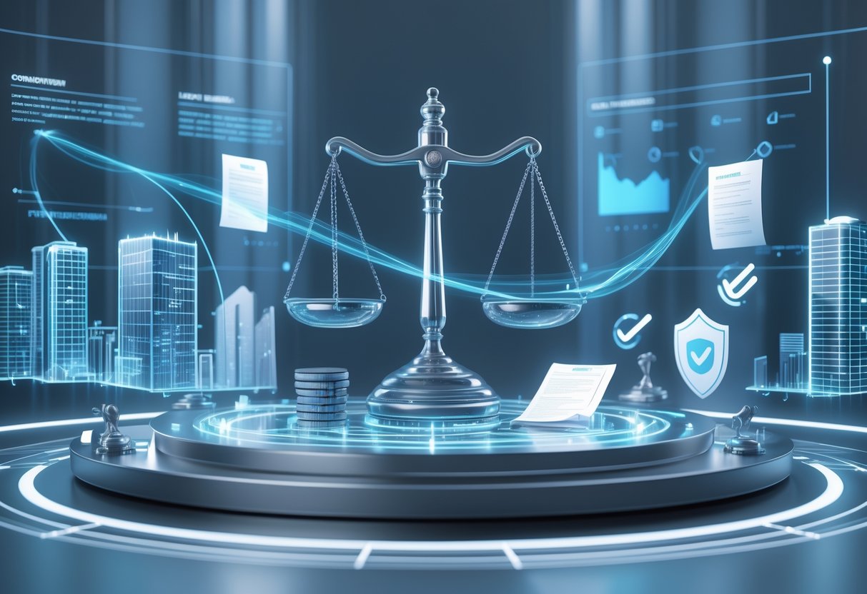A 3D scene showing a digital courtroom with a large scale of justice above a platform displaying legal documents, surrounded by holographic charts and symbols representing revenue sharing and regulatory oversight.