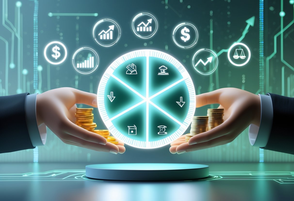 A 3D scene showing two hands around a glowing pie chart with coins and a balance scale, surrounded by icons representing pros and cons of revenue sharing.