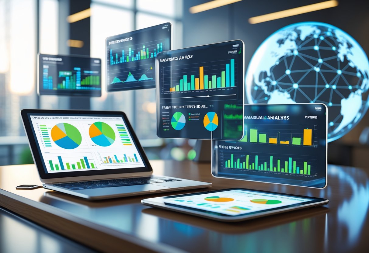 A modern office desk with floating digital screens showing colourful financial charts and graphs, alongside a laptop and tablet, with a holographic globe in the background.