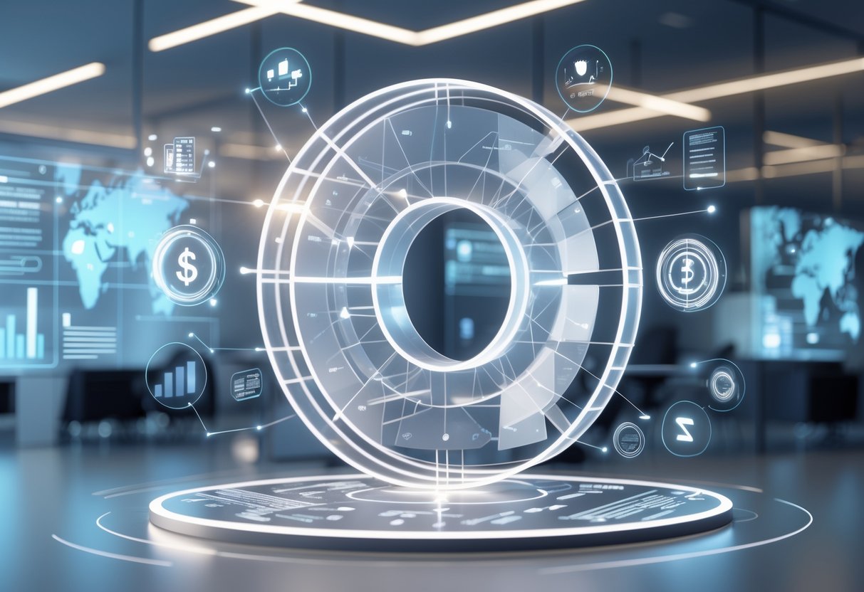A 3D scene showing a circular diagram with connected segments representing revenue sharing, surrounded by icons of contracts, handshake, charts, and digital currency in a modern office setting.