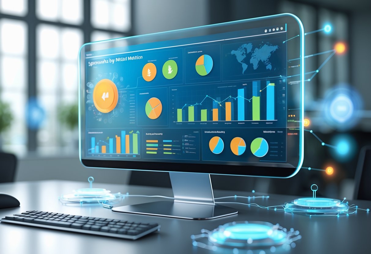 A 3D scene showing a modern office desk with a floating digital dashboard displaying colourful charts and graphs about sponsorship ROI and brand impact analysis.