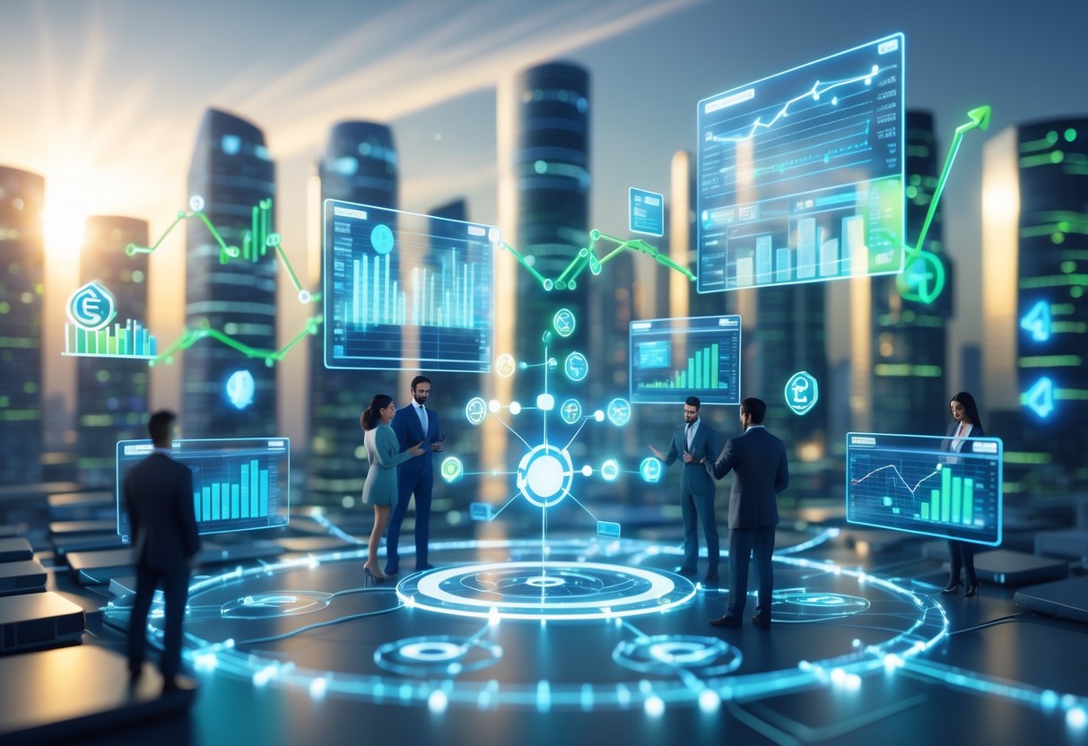 A futuristic city with glowing digital charts and people exchanging digital currency symbols, connected by a central network hub representing revenue sharing partnerships.