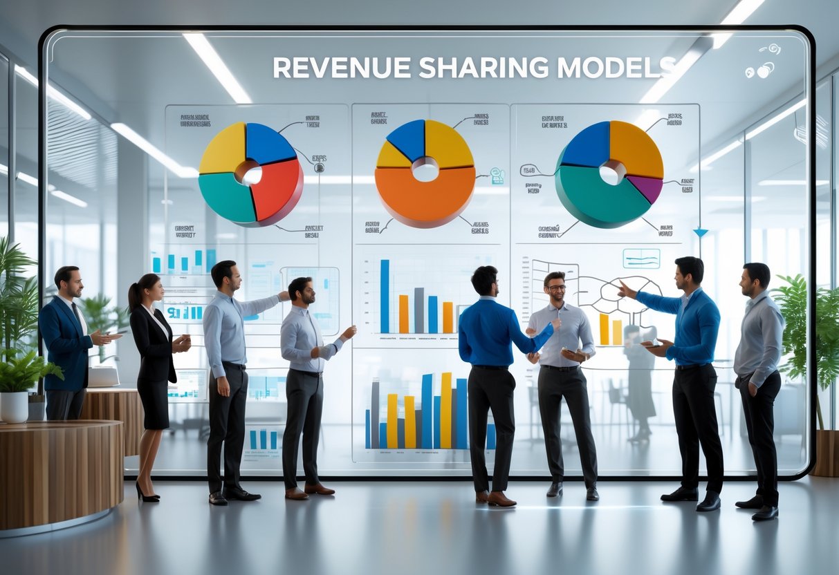 A group of business professionals discussing financial charts and graphs displayed on a large transparent screen in a modern office space.