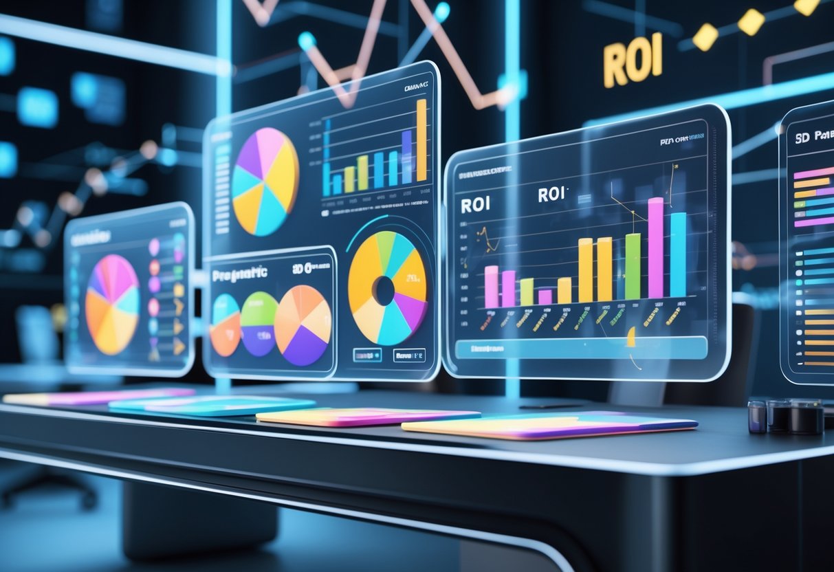 A 3D scene of a workspace with holographic screens showing colorful charts, graphs, and audience icons representing data and analysis.