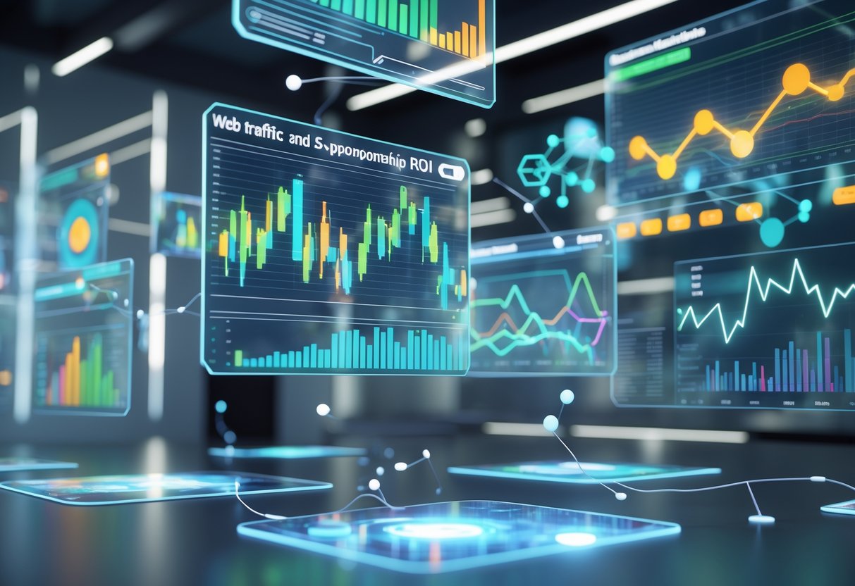 A 3D scene showing floating holographic screens with colourful graphs and charts representing digital web traffic and sponsorship return on investment data in a modern office setting.