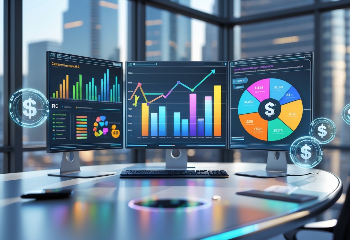 A modern office desk with multiple transparent digital screens showing colourful charts and graphs about sponsorship ROI, with holographic icons floating above the desk and a city skyline visible through a large window.