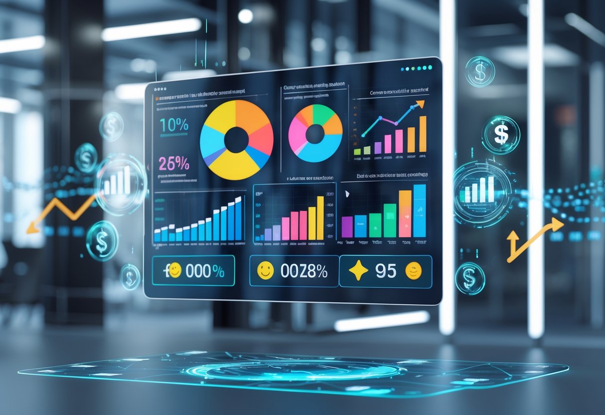 A 3D scene showing a digital dashboard with colourful charts and icons representing customer feedback, satisfaction, and financial growth in a modern office setting.