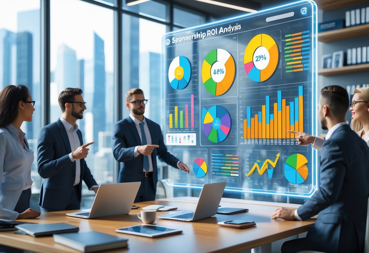 A group of professionals analysing colourful charts and graphs on a large digital screen in a bright office with laptops and notebooks on a desk.