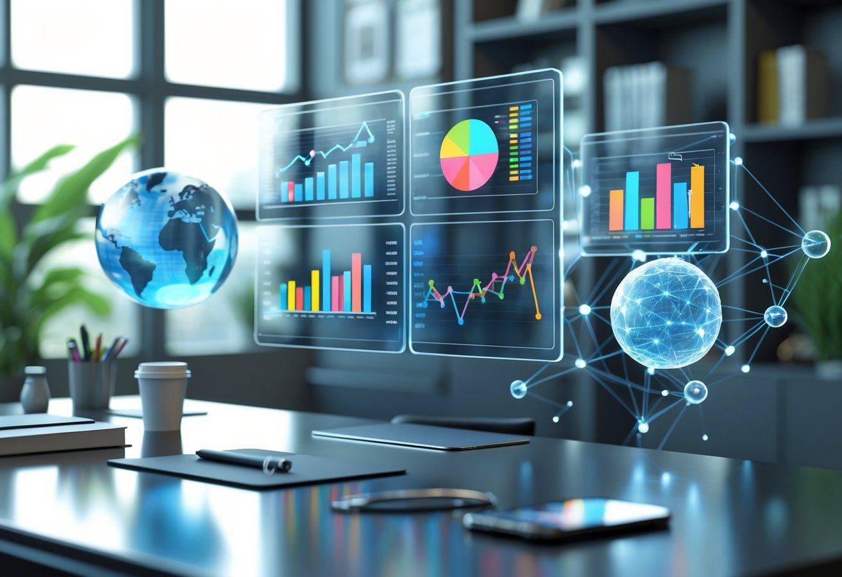 A 3D rendered office desk with floating digital screens showing colourful charts and graphs related to sponsorship return on investment, surrounded by a holographic globe and network nodes.