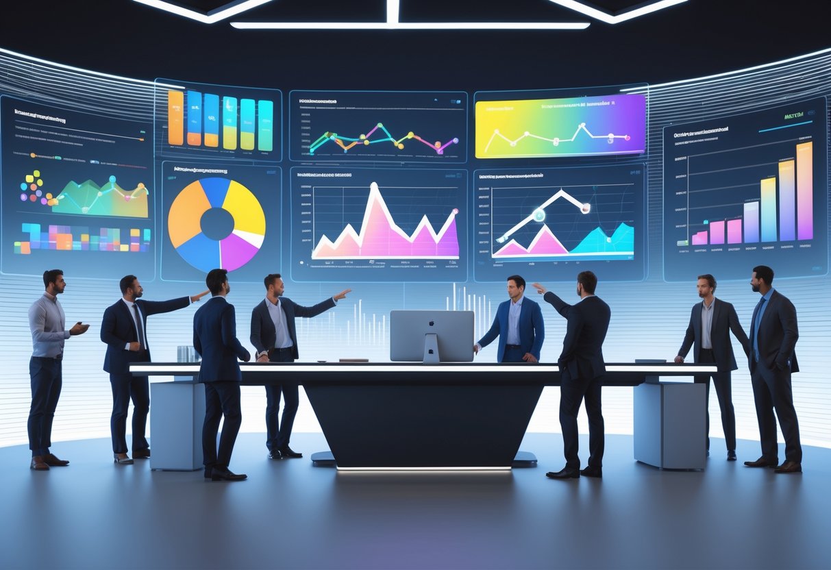 A group of professionals working together around a desk with floating digital charts and graphs showing event ticket sales data.