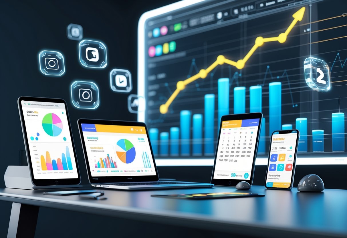 A workspace with digital devices showing social media icons, charts, and ticket sales data surrounded by floating holographic elements and data visualisations.