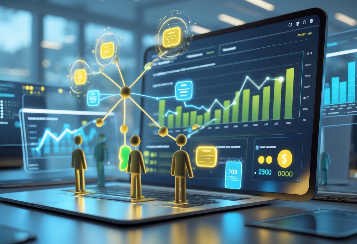 A 3D scene showing a digital dashboard with connected customer figures, loyalty cards, and ticket icons surrounded by charts and graphs representing referral and loyalty programmes boosting ticket sales.