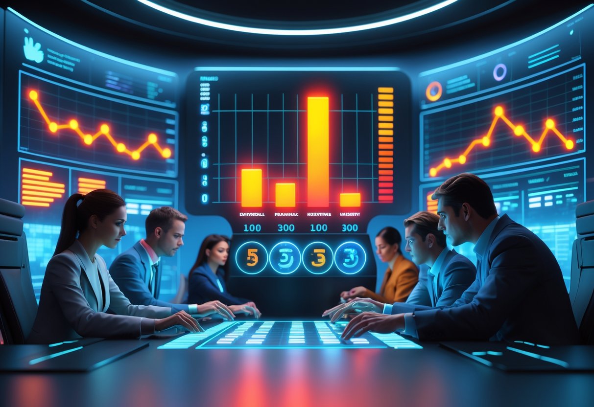 A group of people working with a futuristic digital dashboard showing a countdown timer and graphs indicating limited ticket availability and high demand.