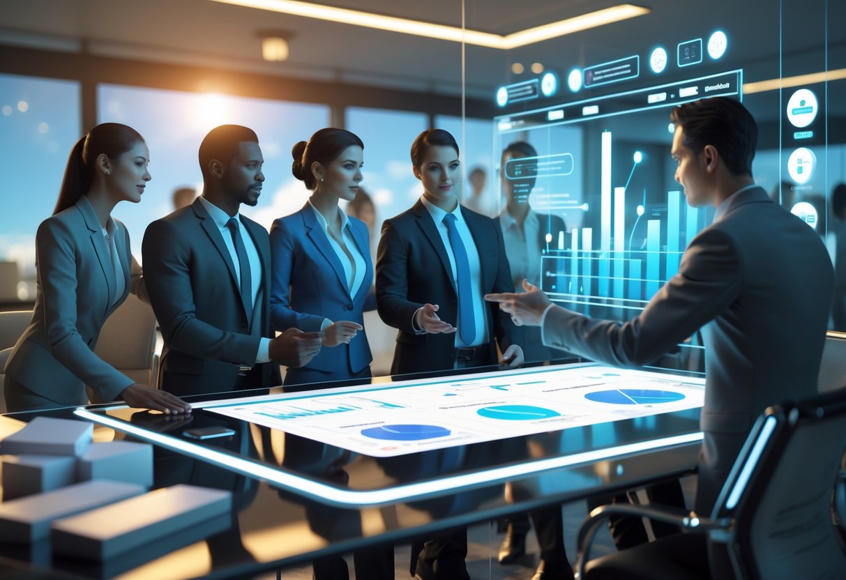 A group of business professionals discussing sales strategies around a digital table with sales data and charts in a modern office.
