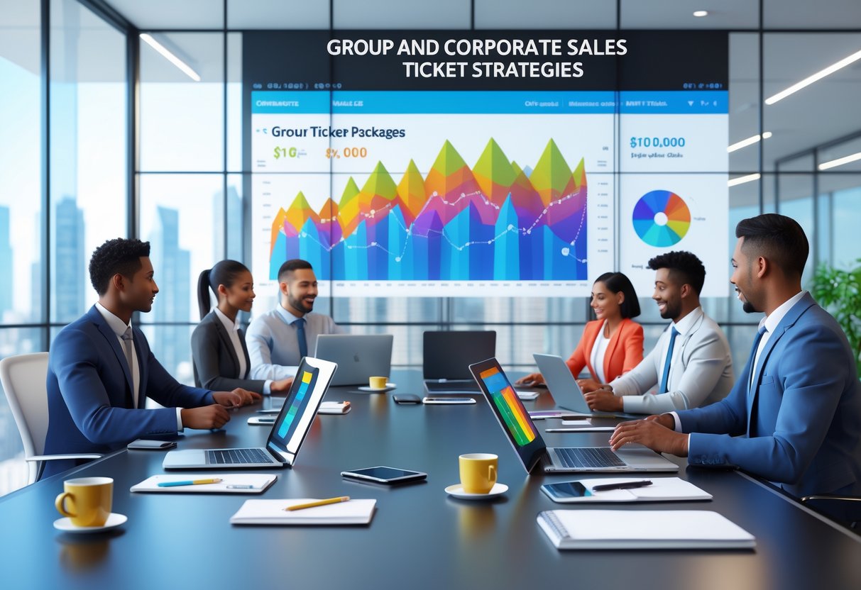 Business professionals collaborating around a conference table with digital devices showing sales charts and a large screen displaying sales data in a modern office.