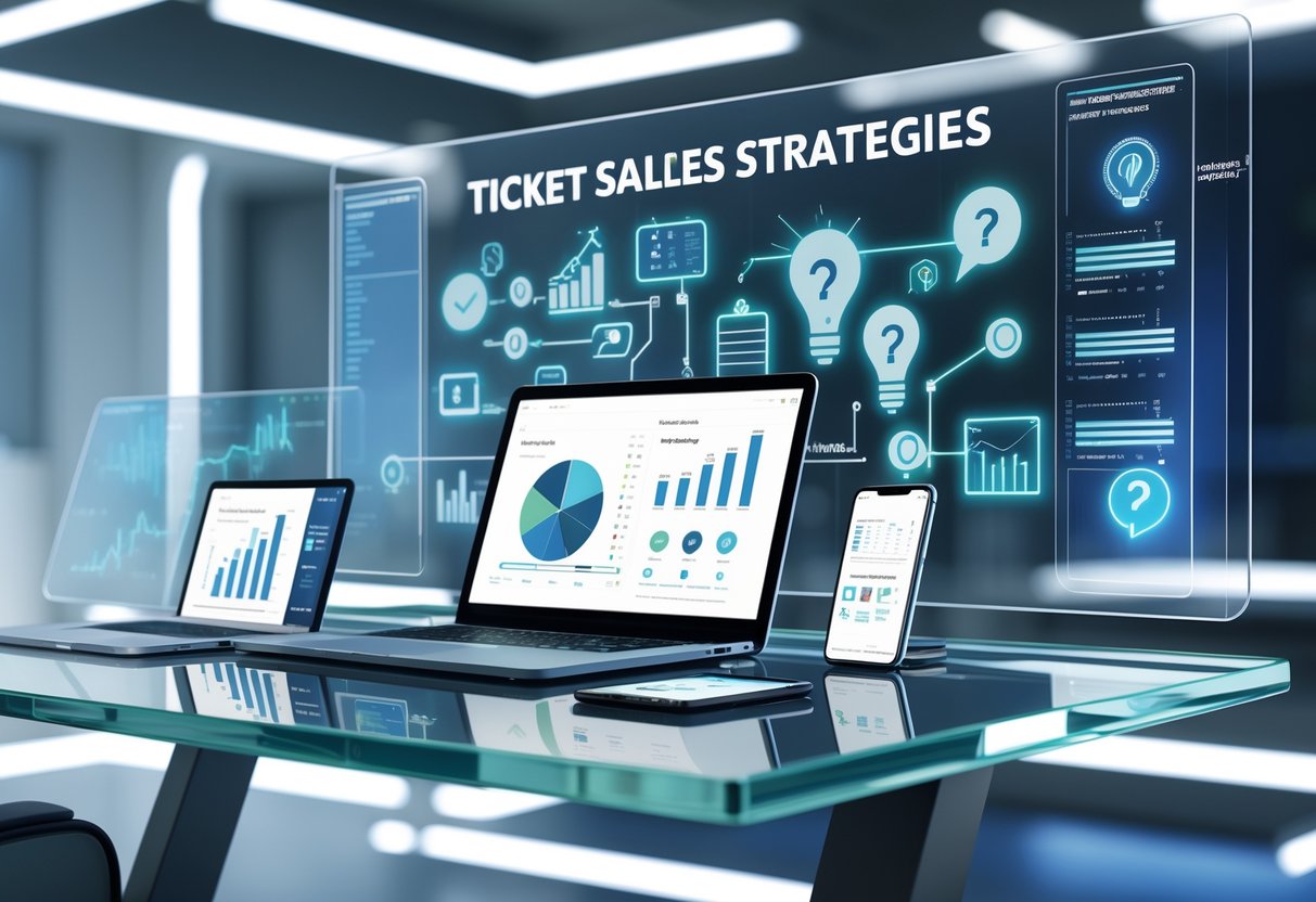 A 3D rendered scene of a modern office desk with digital devices and floating holographic charts and icons related to ticket sales strategies.