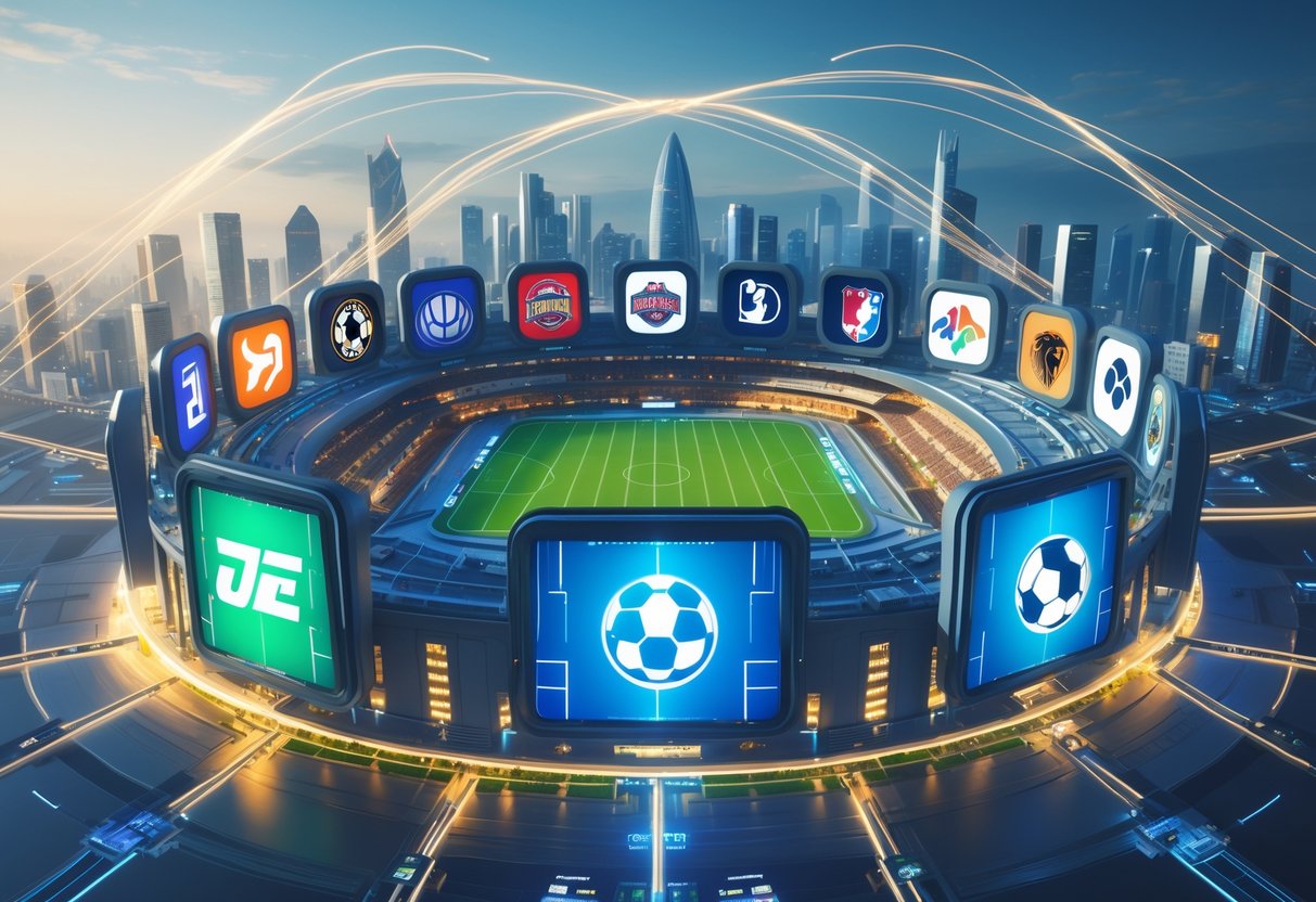 A 3D scene showing a large stadium surrounded by glowing digital streams connecting to broadcast towers and city skyscrapers, representing major sports leagues and their broadcast deals.