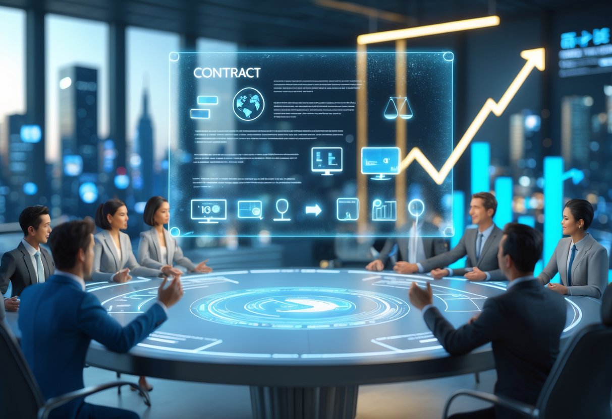 A group of businesspeople negotiating around a table with a floating digital contract showing broadcast media icons, set against a cityscape with digital billboards.