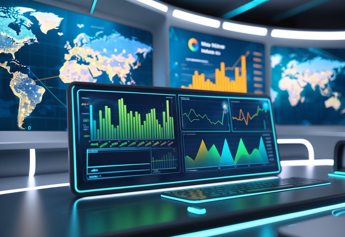 A futuristic financial news studio with holographic charts and global maps showing market trends and broadcast regions, set against a city skyline at dusk.