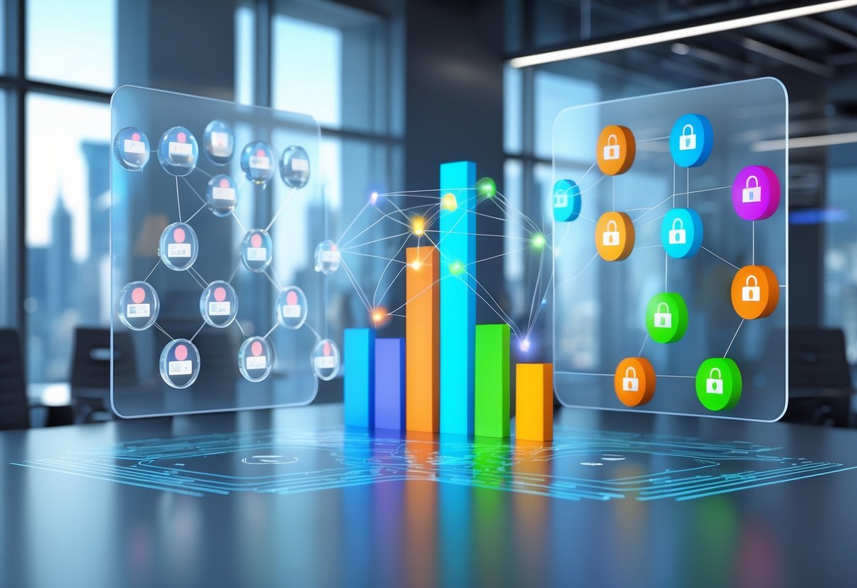 A 3D scene showing two floating digital screens side by side, one with user account icons connected by lines and the other with data nodes and locks, with a holographic bar chart between them in a modern office setting.