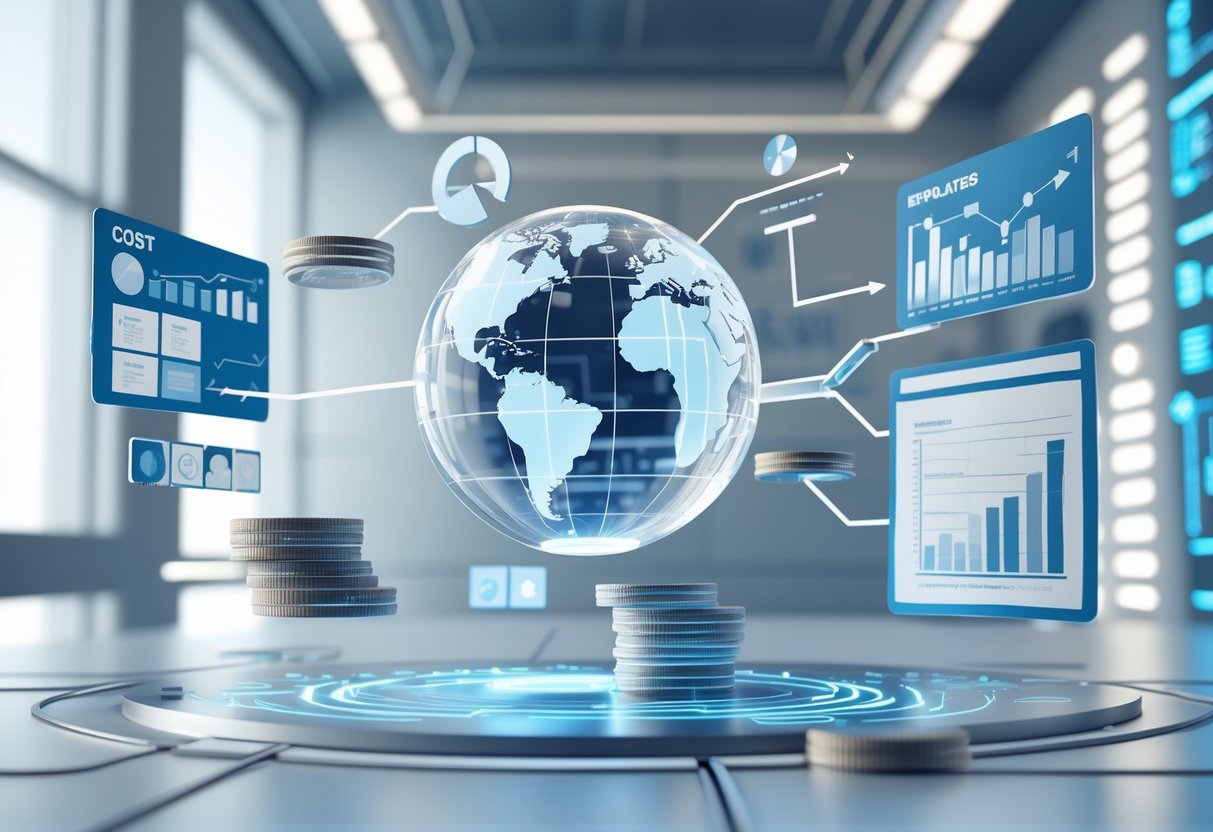 A 3D scene showing a digital dashboard with floating charts, coins, and a globe representing academy system costs and resource flow.