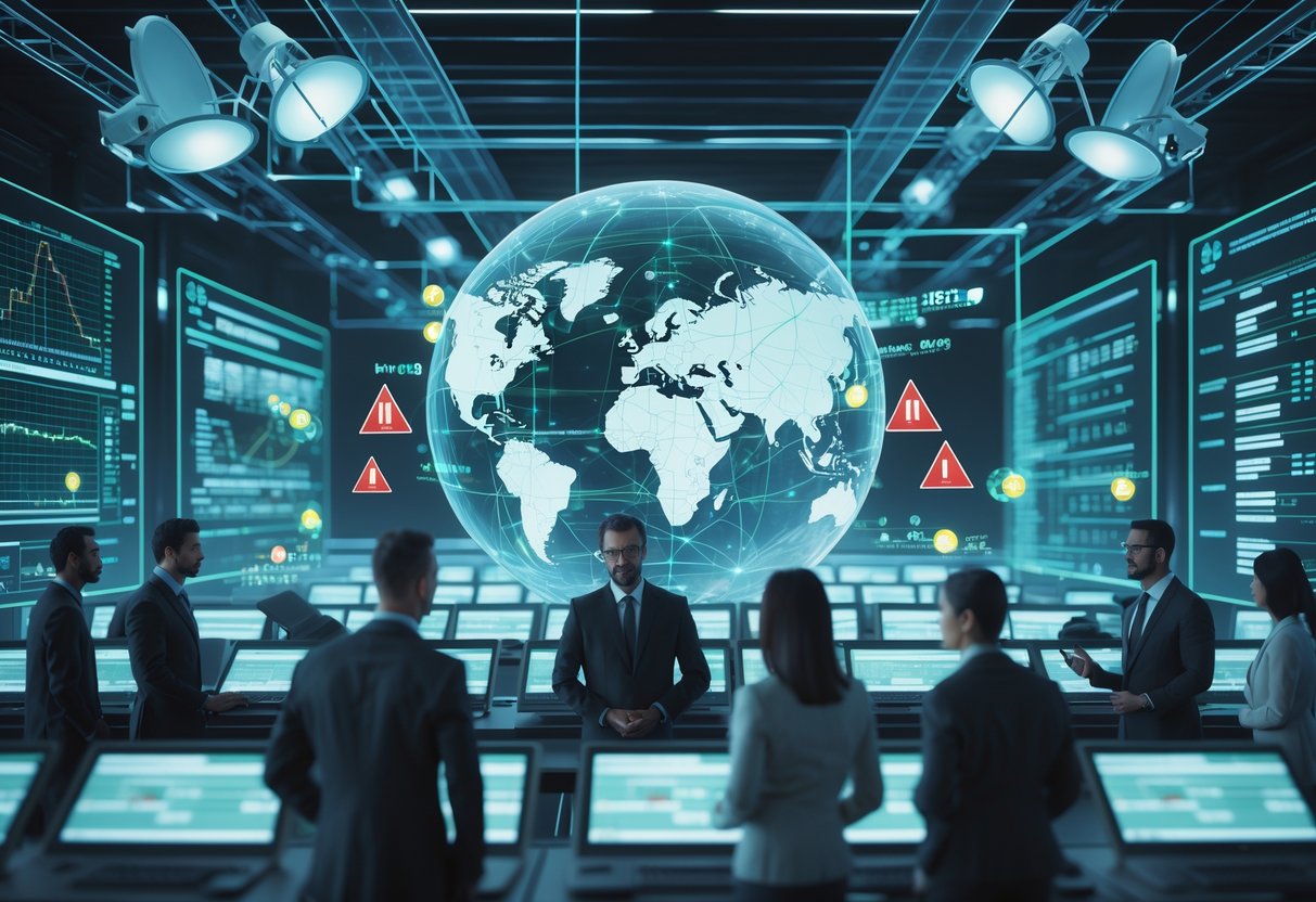 A digital control room with holographic screens showing financial data and broadcast schedules, a globe surrounded by interconnected nodes, warning icons, and professionals analysing information.
