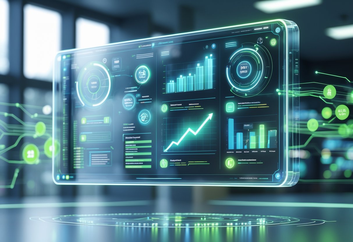 A 3D scene showing a futuristic digital dashboard with floating charts and graphs about pricing models, set against a modern educational campus background.
